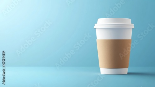 A simple disposable coffee cup on a blue background, suggesting a beverage for enjoyment.