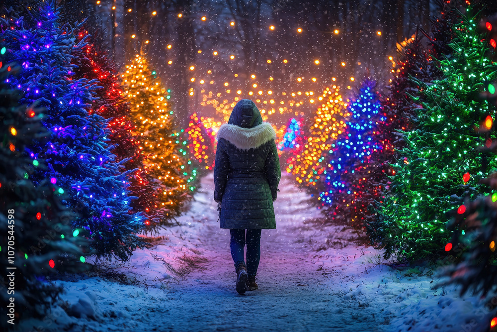 A person walks along a snow-covered path surrounded by vibrant, illuminated trees under a magical winter sky A person walks along a snow-covered path surrounded by vibrant, illuminated trees under a magical winter sky