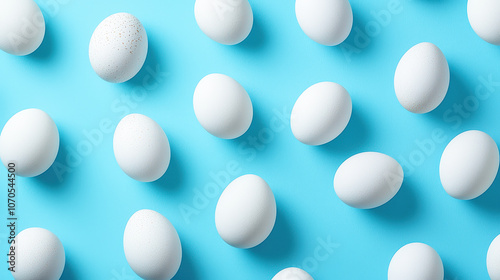 A collection of white eggs is neatly laid out on a vibrant blue surface, showcasing an eye-catching contrast in color and shape