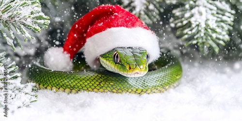 Photo of a green snake in a Santa Claus hat, against the background of a snow-covered Christmas tree and snow, copy space, New Year Christmas symbol of 2025 Snake, Winter