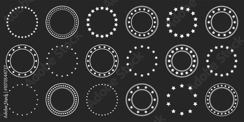 Stars of various sizes arranged in a circle. Round frame, border. Black star shape, simple symbol. Vintage logo, logotype design element, ornament. Vector illustration