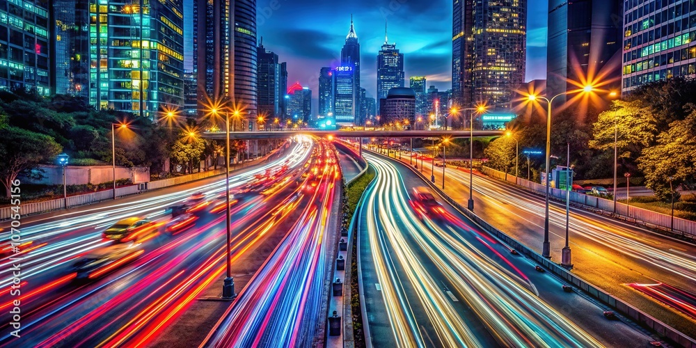 Fototapeta premium Surreal Night City Traffic, AI Art, Urban Photography, Abstract, Night Driving, Lights, Cars, Architecture, Surrealism