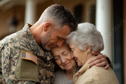 A military man in uniform greets two senior women with a warm hug, showcasing themes of love, family, and the comforting presence of a protector.