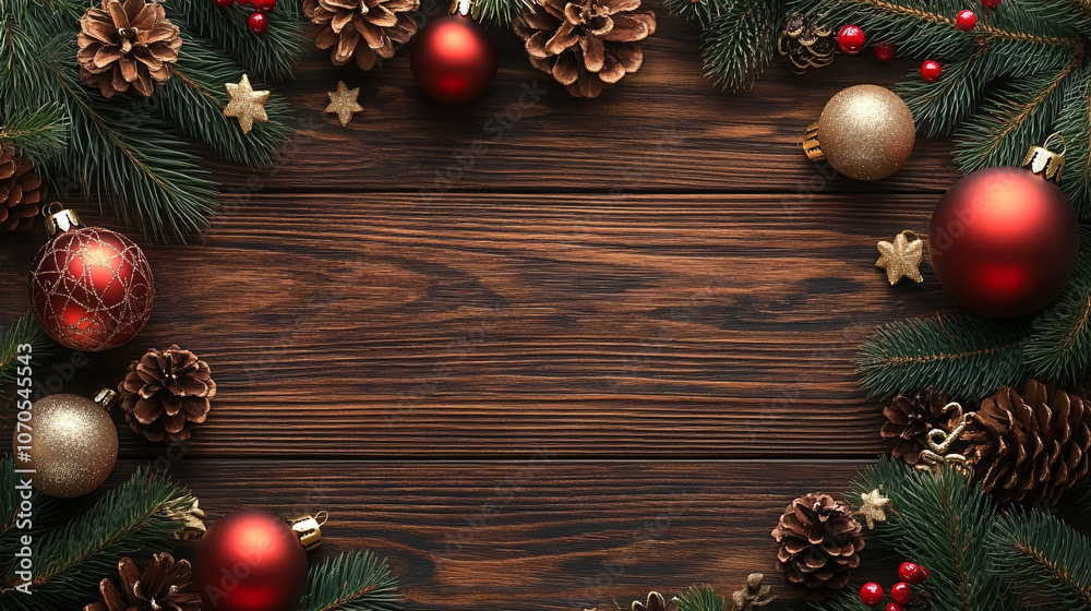 A cozy top-down view of festive Christmas decorations with pine branches, rich reds and sparkling golds, perfect for holiday cards, seasonal marketing, and decorations. A cozy top-down view of festive Christmas decorations with pine branches, rich reds and sparkling golds, perfect for holiday cards, seasonal marketing, and decorations.