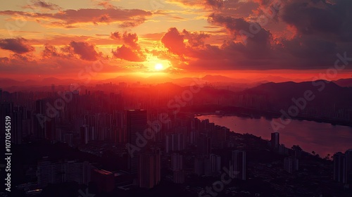 A breathtaking sunset over a vibrant city skyline, with orange and pink hues illuminating the clouds.