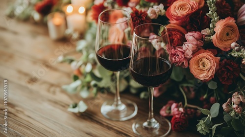 Elegant wine glasses surrounded by vibrant flowers on a rustic wooden table.
