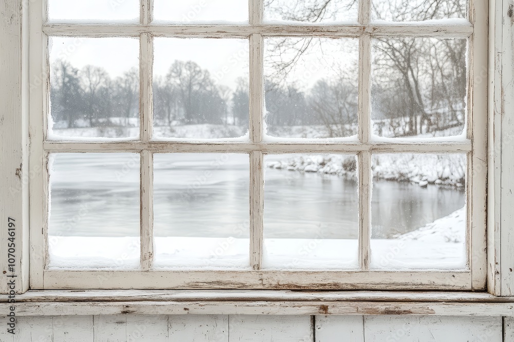 Scenic snowy winter landscape through six-paned white window, ideal for wall mural. Cozy winter interior decor theme with frosty view. Scenic snowy winter landscape through six-paned white window, ideal for wall mural. Cozy winter interior decor theme with frosty view.