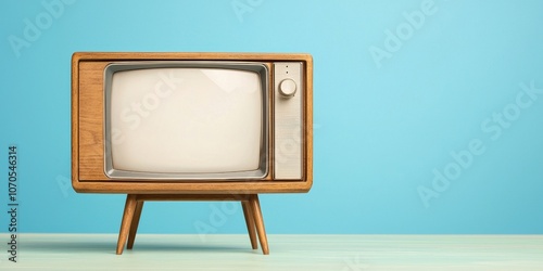 A vintage wooden television set stands elegantly against a soft blue background, evoking nostalgia and retro charm. photo