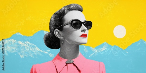 A stylish woman wearing sunglasses against a vibrant, colorful background featuring mountains and a sun.