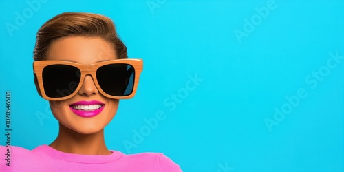 Wallpaper Mural A fashionable woman wearing oversized sunglasses and vibrant clothing against a bright blue background, exuding confidence and style. Torontodigital.ca