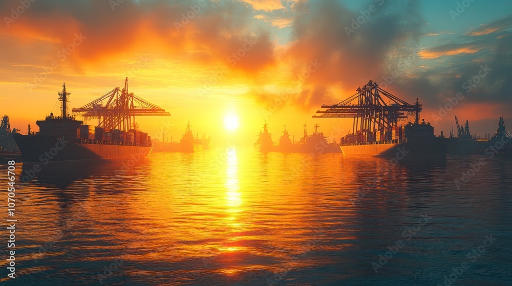 Cargo ships at sunset with cranes silhouetted against a dramatic sky.