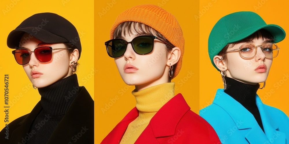 Three stylish models showcase colorful caps and sunglasses against a vibrant yellow background, embodying a chic, youthful fashion aesthetic.