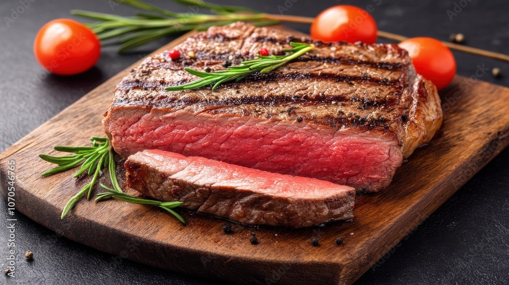 Close-up of juicy steak with rosemary on wooden board Close-up of juicy steak with rosemary on wooden board