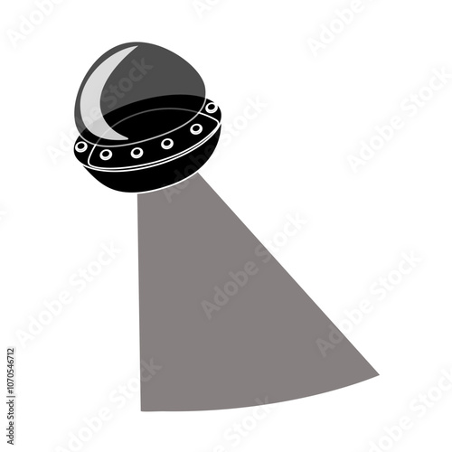 Space flying ship with a beam of light. Alien flying saucer, UFO. Black and white vector illustration