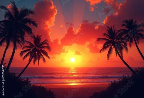 A vibrant sunset over the ocean with palm trees silhouetted against the sky
