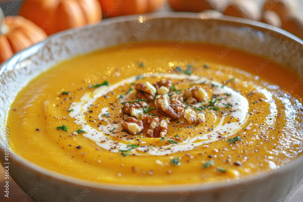 A bowl of rich pumpkin soup garnished with walnuts and herbs, surrounded by seasonal autumn décor like pumpkins A bowl of rich pumpkin soup garnished with walnuts and herbs, surrounded by seasonal autumn décor like pumpkins