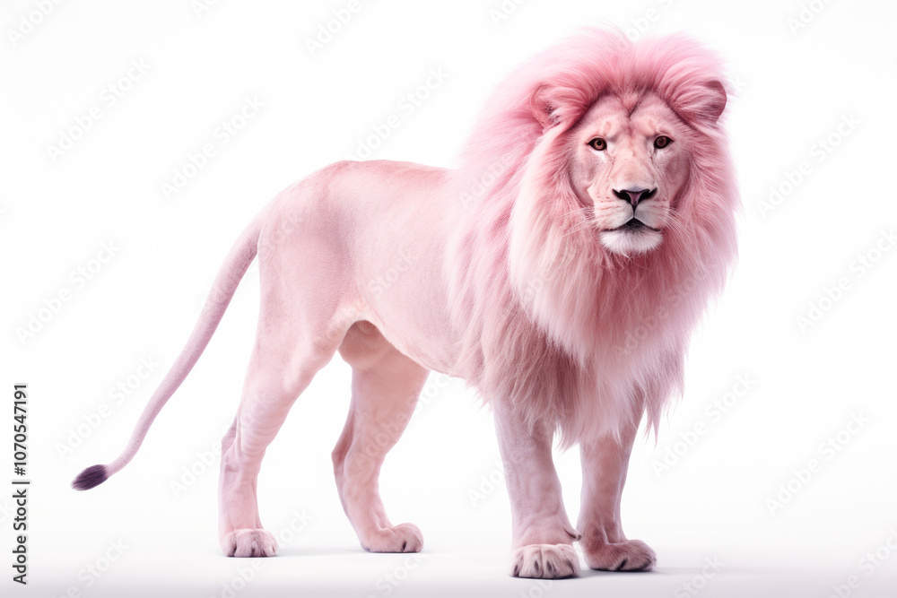 Obraz premium A striking pink lion with luxurious mane stands majestically, exemplifying grace and uniqueness, set against a bright backdrop.