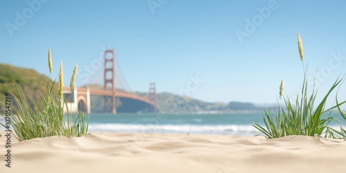 A serene beach scene featuring the Golden Gate Bridge, with soft sand and lush greenery under a clear blue sky.