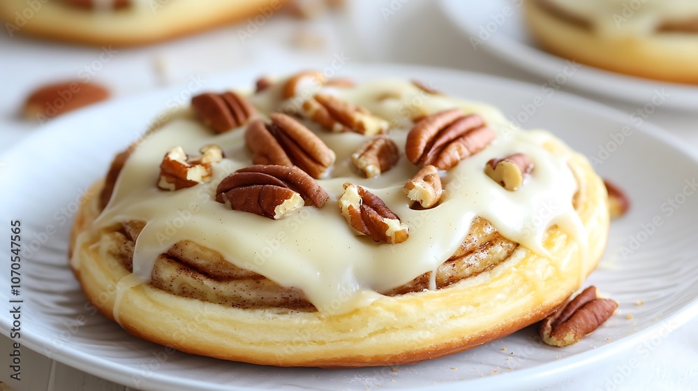 A warm, gooey cinnamon bun topped with cream cheese icing and pecans A warm, gooey cinnamon bun topped with cream cheese icing and pecans