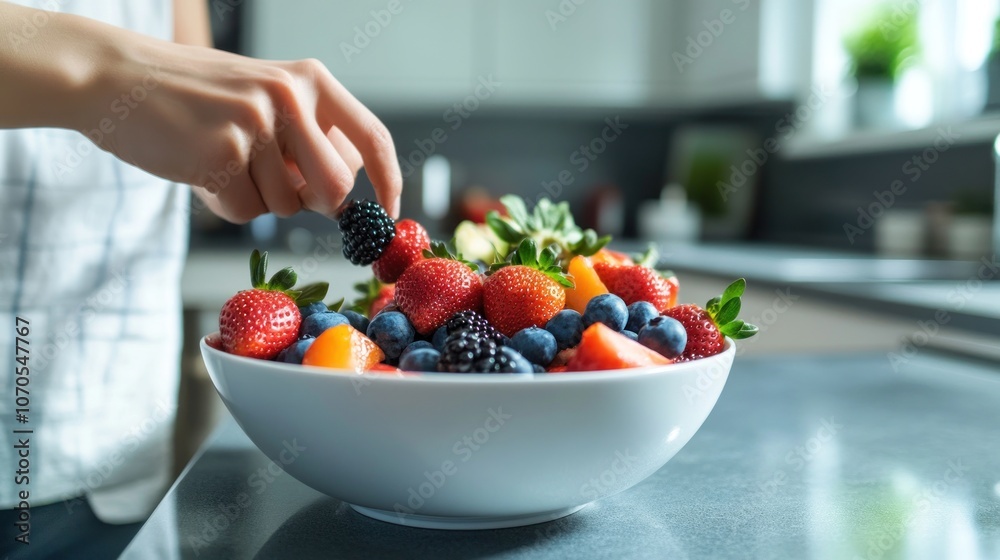 A hand selecting berries from a vibrant fruit bowl in a bright kitchen.