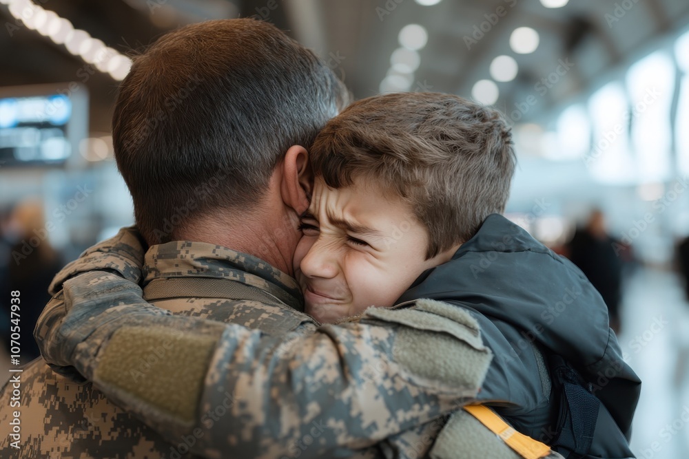 A soldier and a young boy share an emotional hug at an airport, showcasing the powerful bond between them and the bittersweet feelings of reunion after separation. A soldier and a young boy share an emotional hug at an airport, showcasing the powerful bond between them and the bittersweet feelings of reunion after separation.