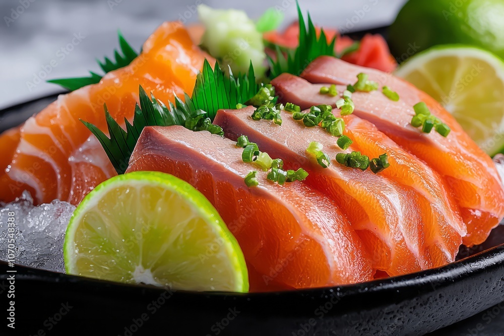 Freshly sliced salmon sashimi served with lime and garnishes on a black plate Freshly sliced salmon sashimi served with lime and garnishes on a black plate