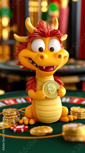Obraz na płótnie Charming golden dragon holds wealth coin amidst casino chips symbolizing prosperity and luck in gaming w salonie