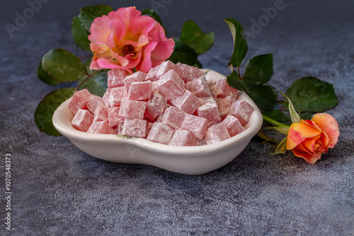 Türkish Isparta's rose delight. Rose flavored, fragrant fresh delight.