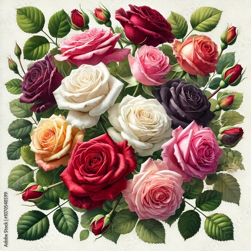 Colorful Bouquet of Roses with Green Leaves and Buds