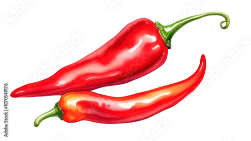 Two red hot peppers, painted with watercolor. Isolated on transparent background.
