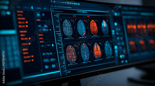 Advanced brain imaging display showcasing detailed neural scans and data analysis. vibrant colors highlight various brain regions, emphasizing technology role in neuroscience research