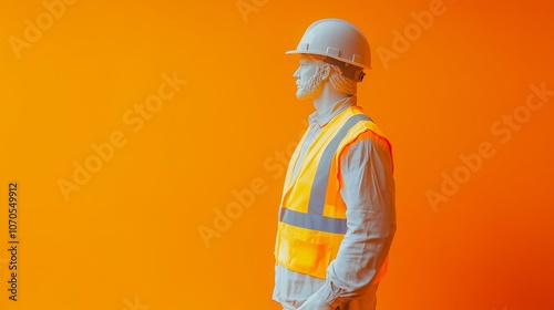 Male construction worker mannequin in safety gear on vibrant orange background.