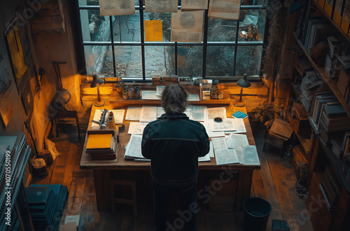 Wallpaper Mural A cinematic shot of an overhead view from behind shoulder height, man sitting at his desk with papers scattered around and lamp on the table. The room is small but cozy with books in bookshelves  Torontodigital.ca