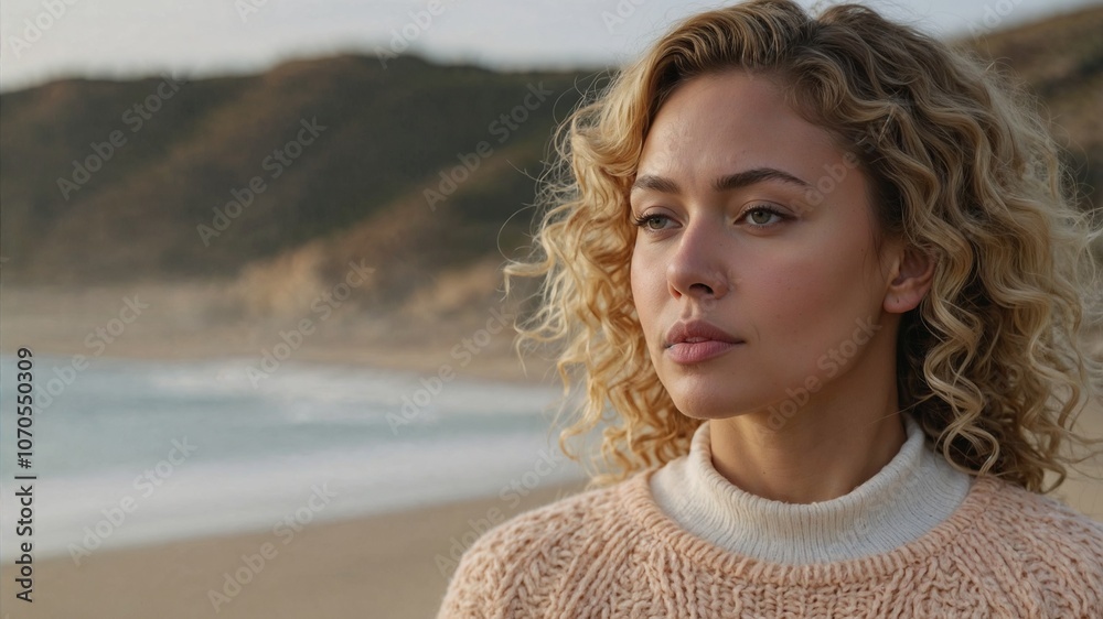 Stylish Woman in Peach Fuzz Sweater Reflecting by Serene Beachside Landscape