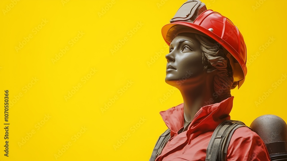 Obraz premium Female firefighter mannequin in red uniform against vibrant yellow backdrop.