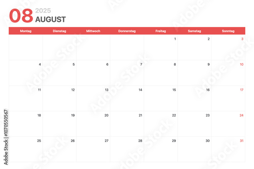 Kalender 2025. Die Woche des Kalenders 2025 beginnt am Montag. Minimalistischer und sauberer Firmenkalender für August 2025 photo