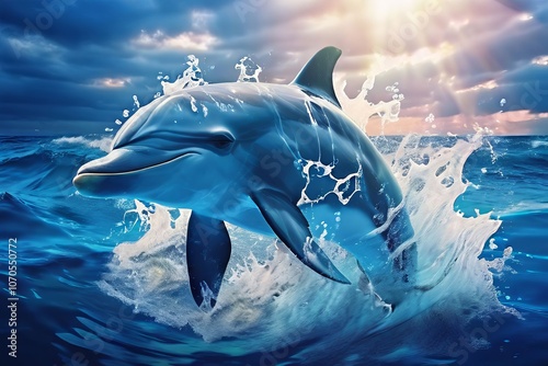 multiple exposure dolphin and ocean waves combines an image of a photo