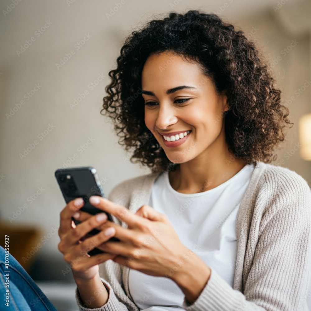 A smiling woman casually holding her mobile phone, looking at the screen with a warm, happy expression A smiling woman casually holding her mobile phone, looking at the screen with a warm, happy expression
