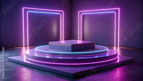 violet stage platform with neon light for product display 3d rendering