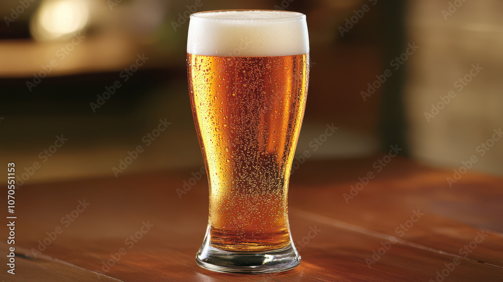 Pilsner Glass with Ice-Cold Beer on Wooden Table Pilsner Glass with Ice-Cold Beer on Wooden Table