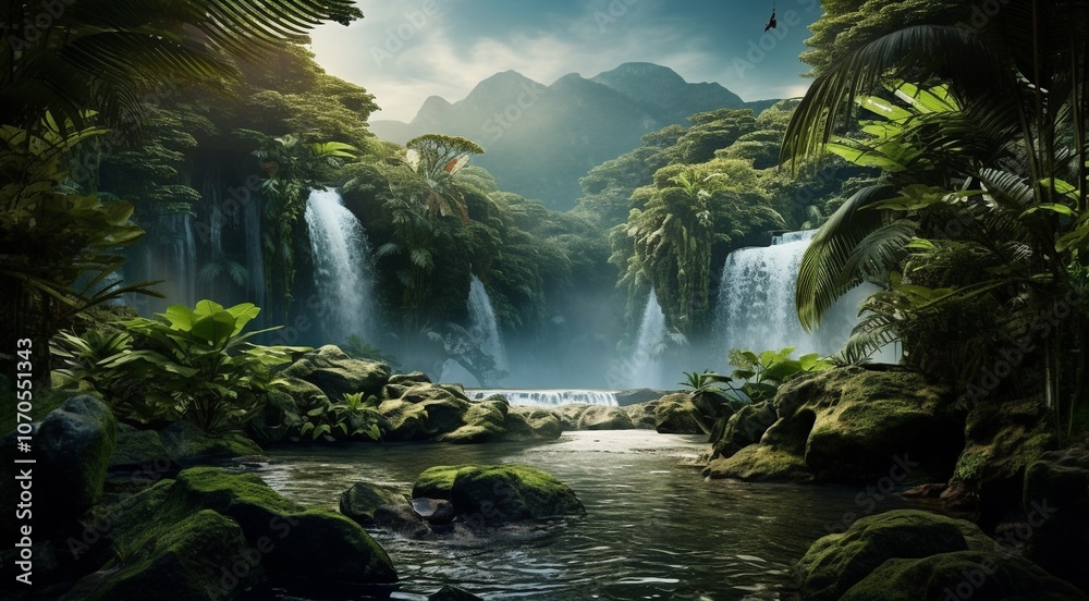 waterfall in the jungle, green nature waterfall in the jungle, green nature