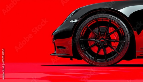 Stylish black sports car parked on a vibrant red surface during sunny daylight hours