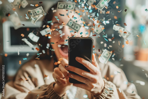 Someone holds a phone with a money counter sticking out of the screen. and very happy people.