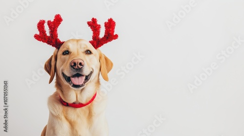 Happy Dog Wearing Red Reindeer Antlers Sitting on White Background, Christmas Celebration, white background, copy space araa photo