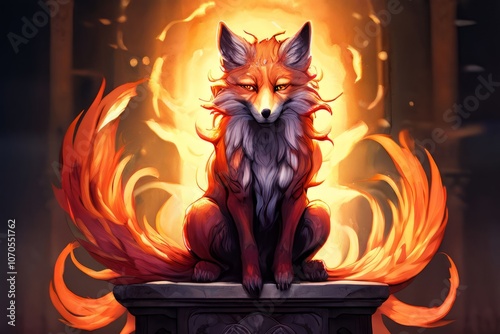 nine a nine tailed fox sitting on a pedestal with a sign that sa photo