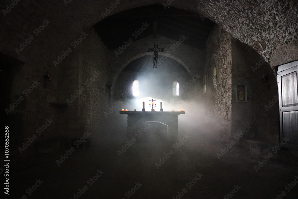 Obraz premium luce, scuro, antica, porta, architettura, costruzione, pietra, finestra, mura, castello, interno, chiesa, medievale