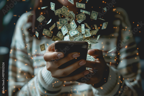 Someone holds a phone with a money counter sticking out of the screen. and very happy people.