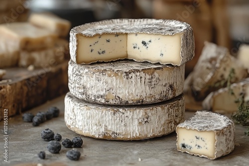 Close-up of a stack of Dor Blue cheese heads. Fermented milk product, tasty food photo