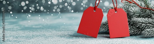 Two red gift tags hang against a snowy background, evoking a festive winter scene with a focus on holiday gifting.