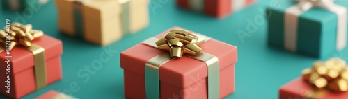 A close-up view of colorful gift boxes with ribbons and bows, arranged on a vibrant teal surface.